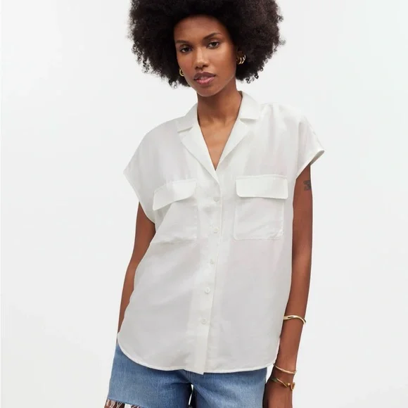 NWT! Madewell Silk Drapey Patch-Pocket Sleeveless Shirt | Lighthouse | Small - Picture 5 of 13